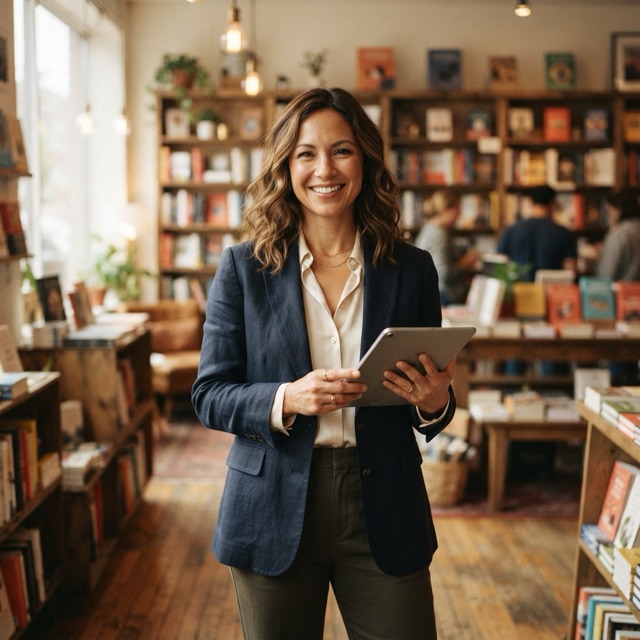 A small business owner reviewing her business on a tablet